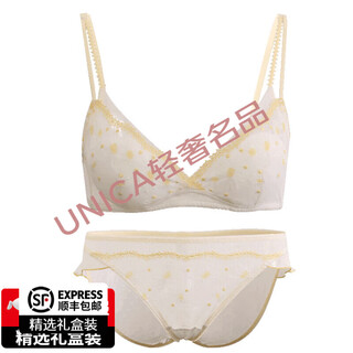 Six rabbitt light luxury brand underwear double shoulder straps fluttering french lace embroidery bra silk lining small bra white and yellow set (bra + underwear) s