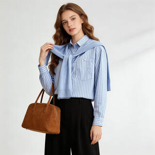 Exclusive for live broadcast, long-sleeved spring clothing, new high-end design women's shirt, can be worn outside and comes with a detachable shawl, blue stripes (comes with a shawl) l