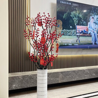 Leaf vein simulated dried flower bouquet, fake flower ornaments, floor-to-ceiling living room red berry entrance large decorative flower arrangement, red fruit + ginkgo leaves, bottle included, free pendant