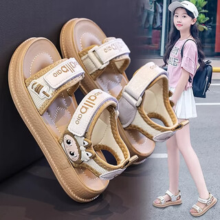 Lingli girls sandals summer 2026 new children's shoes princess sandals fashionable soft soled little girls roman beach shoes khaki 26