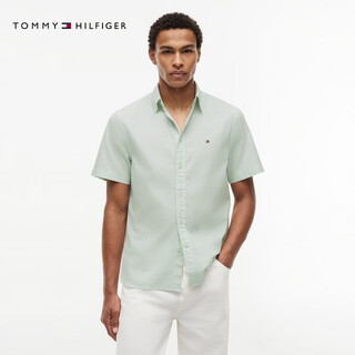 Tommy hilfiger26 new summer men's lightweight oxford spun casual cotton fit striped asian version short-sleeved shirt green and white stripes 0ci 2xl (recommended 180-200jin jin equals 0.5 kg)
