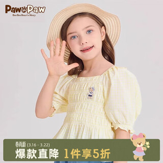 Pawinpaw cartoon bear children's clothing spring and summer girls puff sleeve short sleeve shirt sweet and cute yellow/30 110