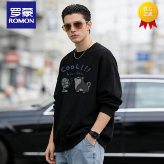 Romon american heavyweight round neck sweater men's 2026 spring loose casual versatile printed top men's long sleeve jacket black s 95-120
