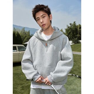 Pure (yishion) american retro 400g heavyweight hooded sweatshirt spring high street loose half-zip top sports hoodie jacket for men floral gray m