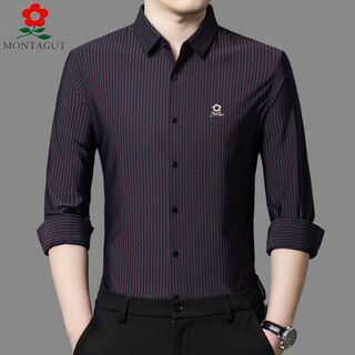 Montagut french high-end silk long-sleeved shirt men's spring new business casual middle-aged iron-free striped shirt 5202 dark purple (spring and autumn) 48 /m 100-120jin jin equals 0.5 kg