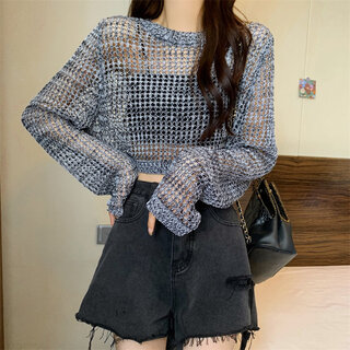Playboy (playboy) thin hollow sunscreen sweater for women 2026 spring and summer new mesh loose top short slim blouse thin gray s recommended 70--95jin jin is equal to 0.5 kg