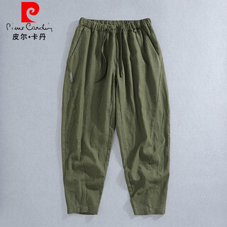 Pierre cardin cotton and linen pants men's summer thin loose breathable tapered linen pants 2026 new ramie nine-point casual pants military green cool and breathable s suitable for 90-110jin jin equals 0.5 kg