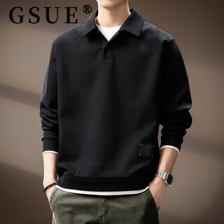 Gsue light luxury high-end solid color heavy lapel sweatshirt for men 2026 spring and autumn new trendy loose long-sleeved polo shirt for men black m suitable for 110-130jin jin equals 0.5 kg