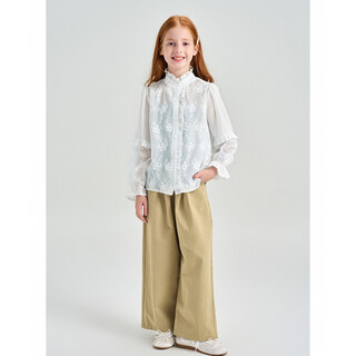 Montagut girls' spring and autumn loose long-sleeved shirt, medium and large children's skin-friendly breathable french jacquard embroidery front ruffle top