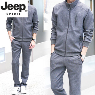 Jeep spirit men's spring, autumn and winter handsome sweatshirt casual suit young and middle-aged dad cotton trendy sportswear three-piece set medium gray jacket + pants m