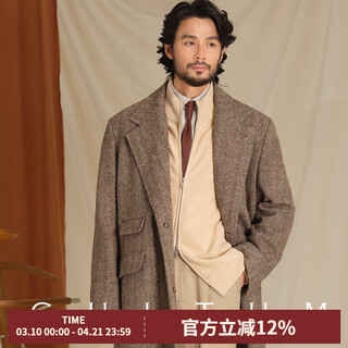 CULTUM【100%羊毛】意式复古棕色人字纹柴斯特秋冬毛呢大衣男呢子外套 棕色彩点人字纹 XL (52)