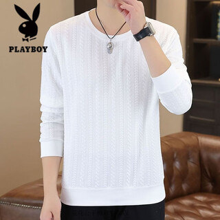 Playboy sweatshirt t-shirt for men 2026 autumn new long-sleeved bottoming shirt for men jacquard plaid casual inner wear autumn clothes f999 white m recommended 90-110jin jin equals 0.5 kg