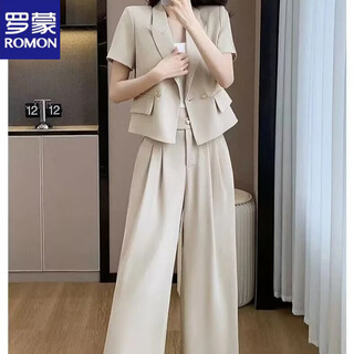 Romon Интернет-знаменитости, модный маленький костюм для женщин, лето 2026, новый темперамент и высококачественные повседневные широкие брюки с короткими рукавами, комплект из трех предметов, брюки цвета хаки s