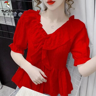 Woodpecker summer chiffon french v-neck ruffled puff short sleeve shirt women's versatile fashion loose top women's t-shirt trendy red fashionable versatile s recommended 90jin jin is equal to 0.5kg within