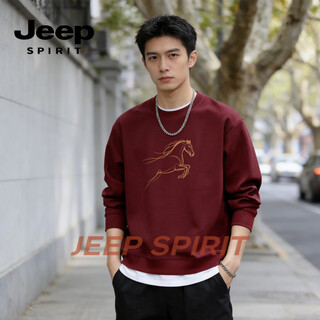 Jeep spirit american retro sweatshirt men's loose velvet warm round neck pullover 2026 spring casual bottoming shirt burgundy (1) s 95-120jin jin is equal to 0.5 kg