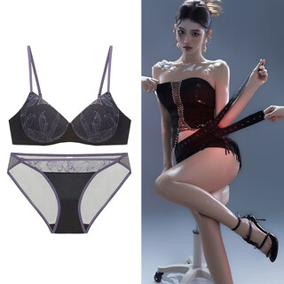 Victoria palace sexy underwear women's thin breathable contrast color lace wireless underwear small breast push up bra set purple contrast black 75b