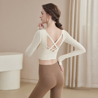 Luluuvttoh yoga clothing long-sleeved suit for women with chest pads shockproof autumn and winter fitness pilates sports breathable tops training clothes for women off-white tops fixed cup chest pads l 115-130jin jin equals 0.5 kg