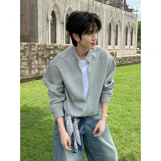 Derejerine fake two-piece layered stand-up collar sweatshirt men's autumn american heavyweight v-neck top cleanfit shoulder jacket dark gray l 110-130jin jin equals 0.5 kg