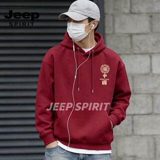 Jeep spirit american heavyweight sweatshirt men's 2026 spring loose hooded jacket men's velvet thickened top men's burgundy s