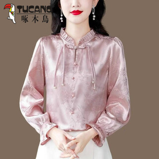Woodpecker new chinese style jacquard disc button shirt high-end satin top women's spring and autumn clothes new loose chinese style ice silk shirt pink m recommendation 80-100jin jin is equal to 0.5 kg