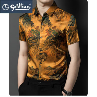 Goldlion mulberry silk short-sleeved shirt 2025 summer new dad half-sleeved top middle-aged thin trendy printed short-sleeved shirt a35-2156 yellow m 170