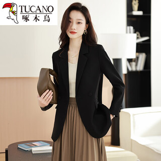 啄木鸟感灰色小西装女2026春秋新款韩版休闲气质减龄小个子西服外套 黑色 S