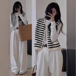 Xier xiaoxiangfeng sleeveless knitted vest black and white striped jacket women's spring and autumn cardigan outerwear sweater vest vest one size 90-130jin jin is equal to 0.5 kg
