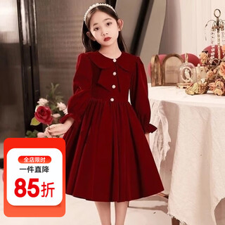 Zhao qingyu girls winter thickened dress winter new year's greetings 2025 new style children's little girl new year's velvet dress skirt burgundy velvet 120