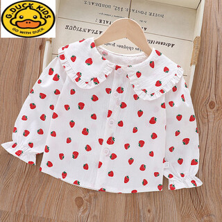 G.duck girls' shirt long sleeve 2026 spring and autumn cotton lapel lace casual korean top girls fashionable children's clothing girls' shirt-strawberry 110 cm