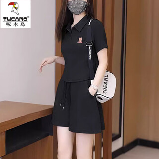 Woodpecker (tucano) verano 2026 nuevo traje de moda para mujer temperamento estilo occidental pantalones cortos deportivos pequeños informales conjunto de dos piezas negro m (jin jin pesa menos de 0,5 kg)