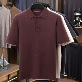 丨lilang丨 worsted 340g medium thick 16-needle four-flat lapel short-sleeved woolen sweater solid color knitted half-sleeved sweater t-shirt ebony purple m 165