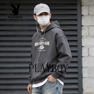 Playboy american retro hooded sweatshirt men's 2026 spring and autumn new casual versatile loose couple top jacket dark gray s 95-120jin jin equals 0.5 kg