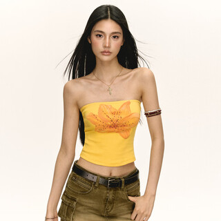 American retro hottie flower print tube top camisole women's new summer tight top yellow xs