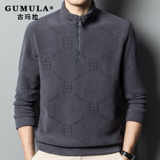Gumala brand stand collar half-zip sweatshirt for men spring and autumn new polar fleece top plus velvet thickened thermal underwear bottoming shirt gray m