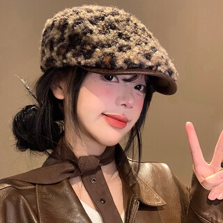 Woati international brand retro leopard print beret for women, small plush forward hat, large head circumference, warm hat, small face, brown leopard print, one size fits all