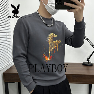 Playboy chinese style red sweatshirt for men 2026 spring round neck long-sleeved sweatshirt bottoming shirt national trend plus velvet gray m 90-100jin jin is equal to 0.5 kg