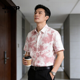 Jeep spirit summer men's short-sleeved shirt loose half-sleeved top casual men's half-sleeved shirt trendy new product pink and white 48