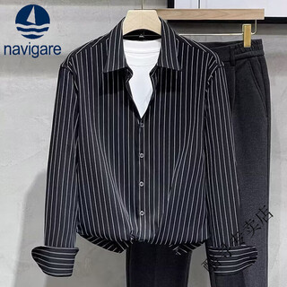 Navigare italian schooner korean version light luxury striped shirt men's spring and autumn fashion high-quality shirt casual business black single shirt s 85-100jin jin equals 0.5 kg