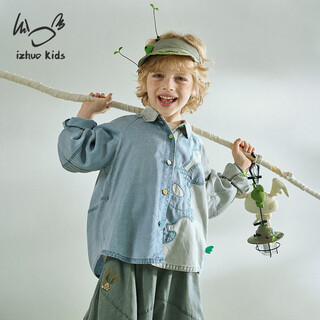 Small daily aesthetic children's clothing three-eyed rabbit for boys and girls denim tencel shirt jacket spring new contrast color cartoon children's shirt denim blue 160 cm