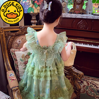 G.duck girls dress summer 2026 new children's internet celebrity bow suspender skirt girls puffy mesh princess skirt green 120 cm