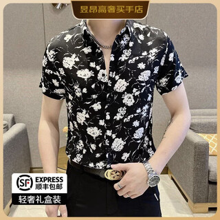 Rsy light luxury brand long sleeve shirt men's new print thin feeling korean slim fashion ice silk business casual black short sleeve 4xl 165-180jin jin is equal to 0.5 kg