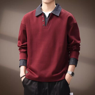 Precious color high-end fake two-piece contrasting color splicing heavy denim polo shirt for men in spring and autumn american retro lapel sweatshirt for men