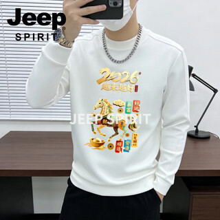 Jeep spirit jeep crew neck sweatshirt men's 2026 spring new casual versatile top clothes plus velvet warm long-sleeved bottoming shirt white m 70 - 90 jin jin is equal to 0.5 kg
