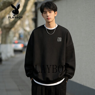 Playboy american heavyweight velvet thickened round neck sweater men's 2026 spring loose casual bottoming shirt top black s 95-120jin jin is equal to 0.5 kg