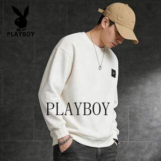 Playboy (playboy) waffle sweatshirt for men 2026 spring new round neck long-sleeved loose casual bottoming shirt for men white l suitable for 130 145jin jin equals 0.5 kg