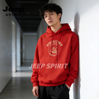 Jeep spirit hooded sweatshirt men's 2026 new red loose versatile printed long-sleeved jacket men's couple tops burgundy s
