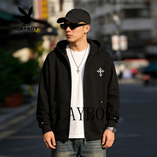 Playboy heavyweight trendy brand hooded cardigan sweatshirt for men 2026 spring and autumn loose casual versatile jacket men's top black s 85-105