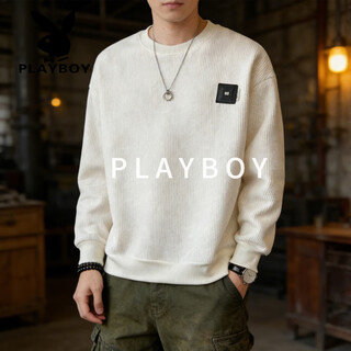 Playboy (playboy) waffle sweatshirt men's 2026 spring japanese retro loose round neck pullover long-sleeved top bottoming shirt white l recommended 120-140jin jin equals 0.5 kg