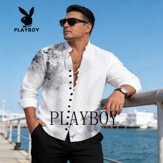 Playboy printed shirt men's summer chinese style shirt men's chinese style men's long-sleeved top white xs 60-70jin jin equals 0.5 kg