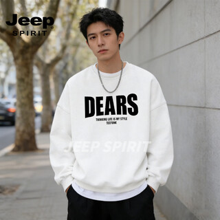 Jeep spirit american heavyweight sweatshirt for men 2026 spring loose round neck pullover versatile long-sleeved bottoming shirt top white s (95-120jin jin equals 0.5kg)